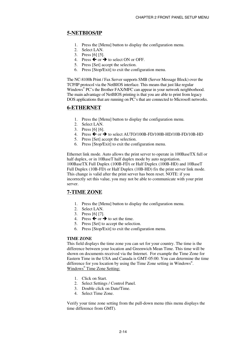 Netbios/ip, Ethernet, Time zone | Brother NC8100H User Manual | Page 37 / 181