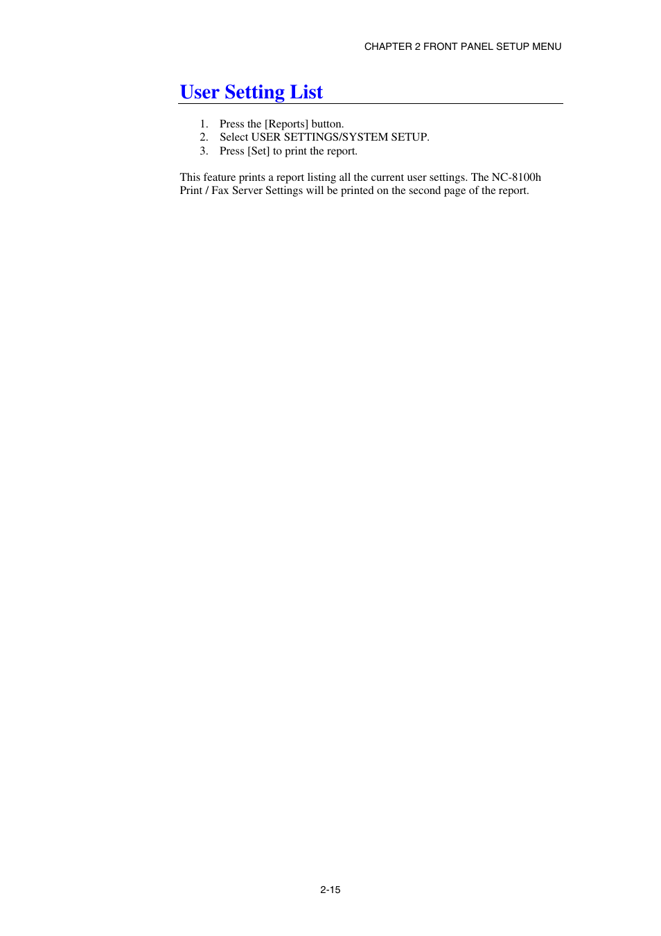 User setting list | Brother NC8100H User Manual | Page 38 / 181