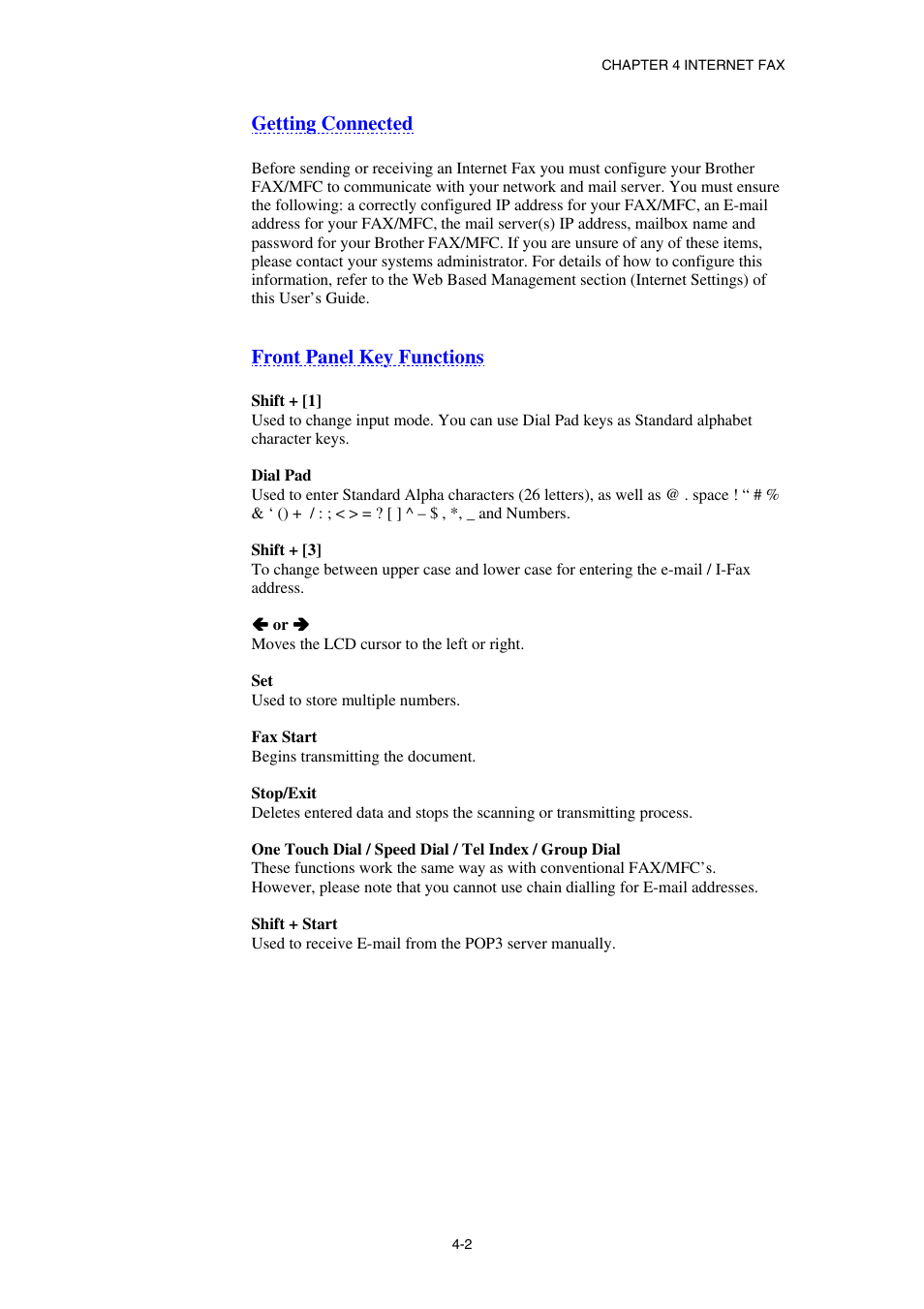 Getting connected, Front panel key functions | Brother NC8100H User Manual | Page 42 / 181