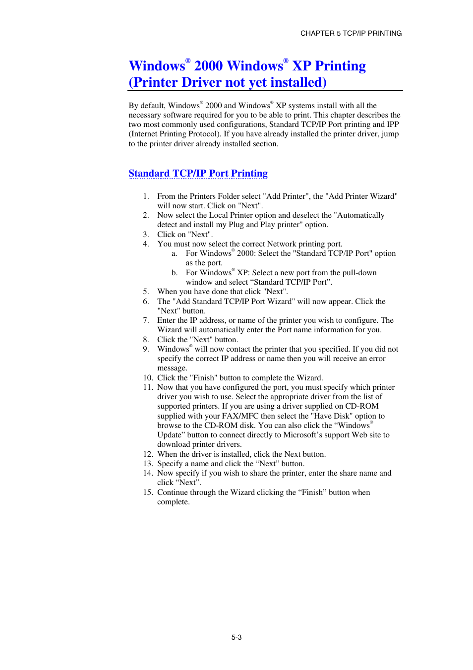 Standard tcp/ip port printing, Windows, 2000 windows | Xp printing (printer driver not yet installed) | Brother NC8100H User Manual | Page 58 / 181