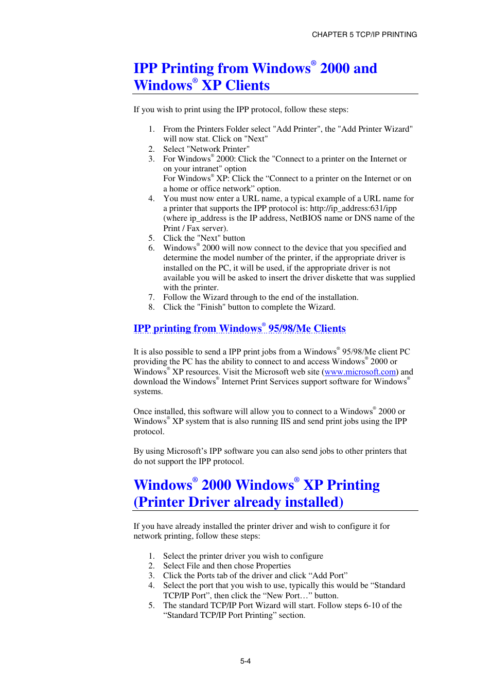 Ipp printing from windows ® 95/98/me clients, Ipp printing from windows, 2000 and windows | Xp clients, 95/98/me clients, Windows, 2000 windows, Xp printing, Printer driver already installed), Xp printing (printer driver already installed) | Brother NC8100H User Manual | Page 59 / 181