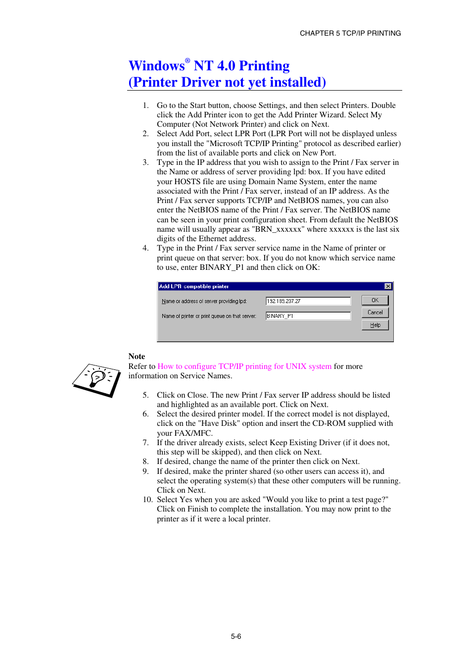 Windows, Nt 4.0 printing, Printer driver not yet installed) | Nt 4.0 printing (printer driver not yet installed) | Brother NC8100H User Manual | Page 61 / 181