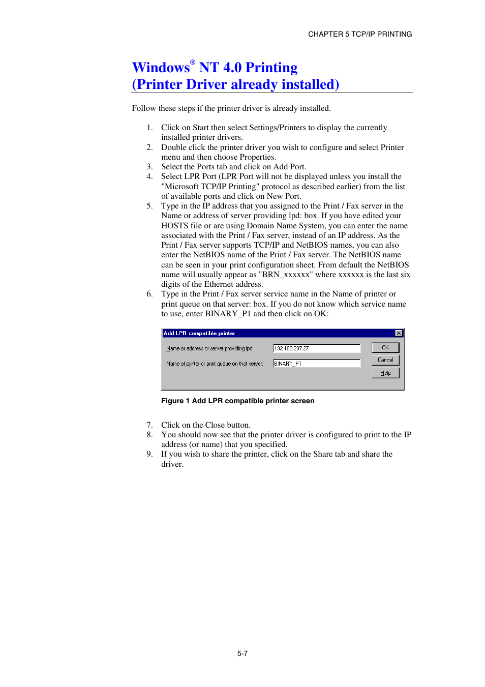 Windows, Nt 4.0 printing, Printer driver already installed) | Nt 4.0 printing (printer driver already installed) | Brother NC8100H User Manual | Page 62 / 181