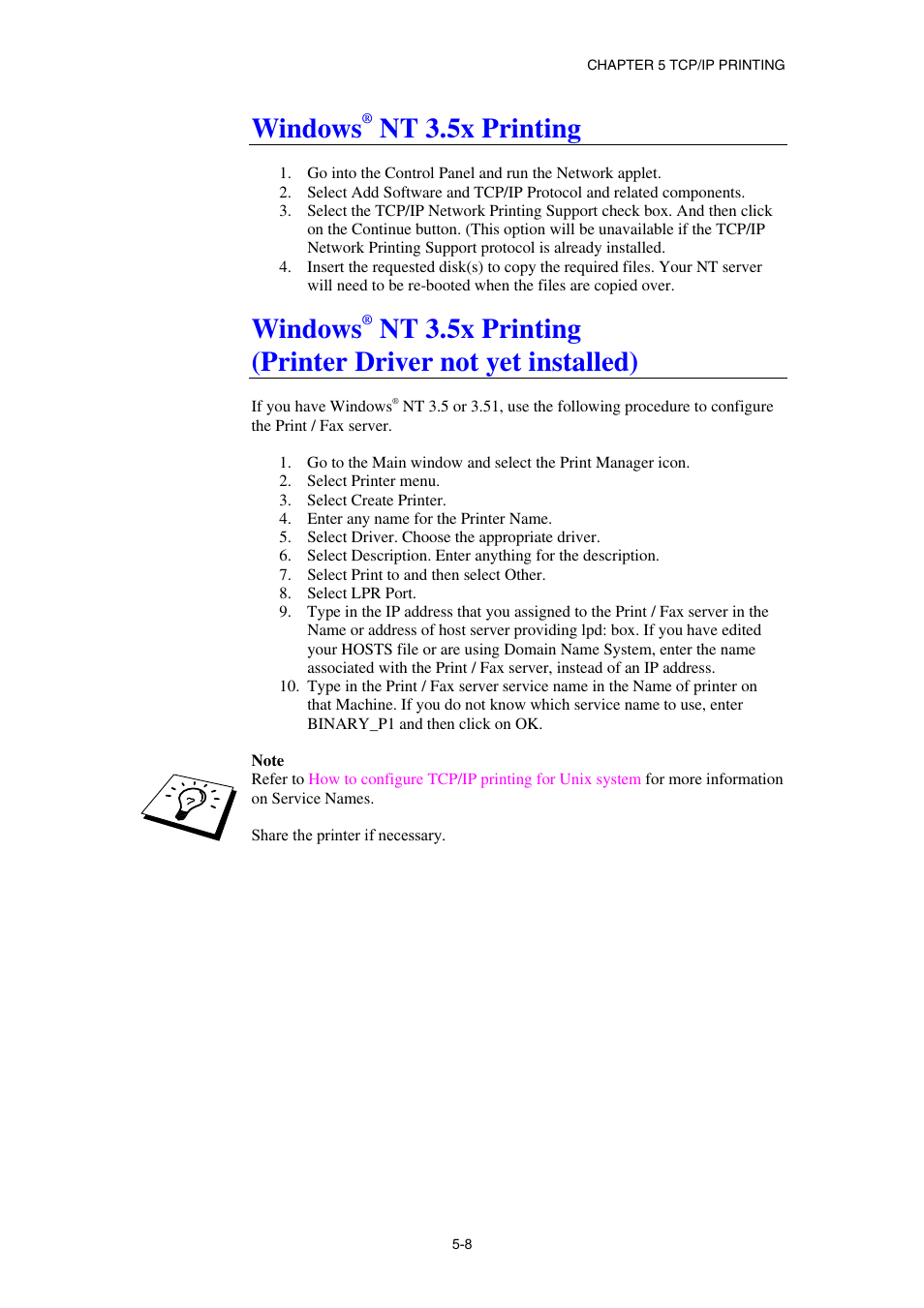 Windows ® nt 3.5x printing, Windows, Nt 3.5x printing | Printer driver not yet installed) | Brother NC8100H User Manual | Page 63 / 181