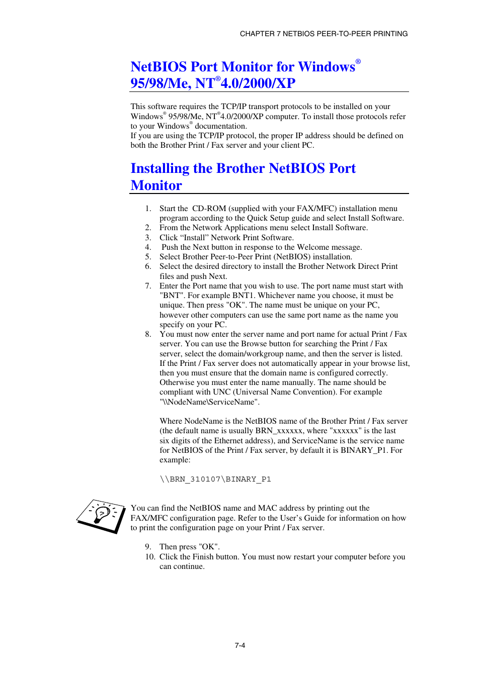 Installing the brother netbios port monitor, Netbios port monitor for windows, 95/98/me, nt | 0/2000/xp | Brother NC8100H User Manual | Page 73 / 181