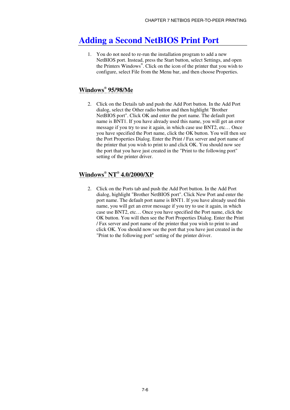 Adding a second netbios print port, Windows ® 95/98/me, Windows ® nt ® 4.0/2000/xp | Windows, 95/98/me, 0/2000/xp | Brother NC8100H User Manual | Page 75 / 181