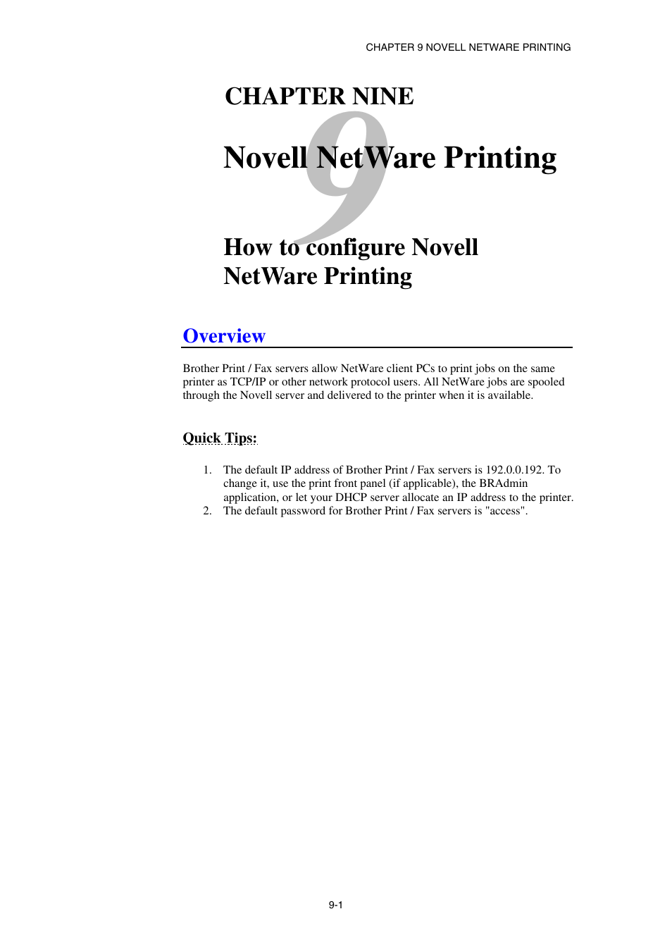 Overview, Quick tips, Novell netware printing | Brother NC8100H User Manual | Page 88 / 181
