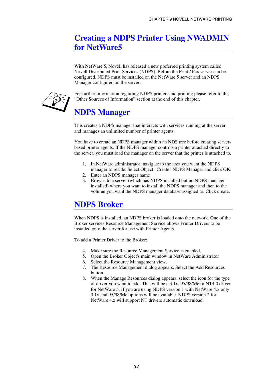 Creating a ndps printer using nwadmin for netware5, Ndps manager, Ndps broker | Brother NC8100H User Manual | Page 90 / 181