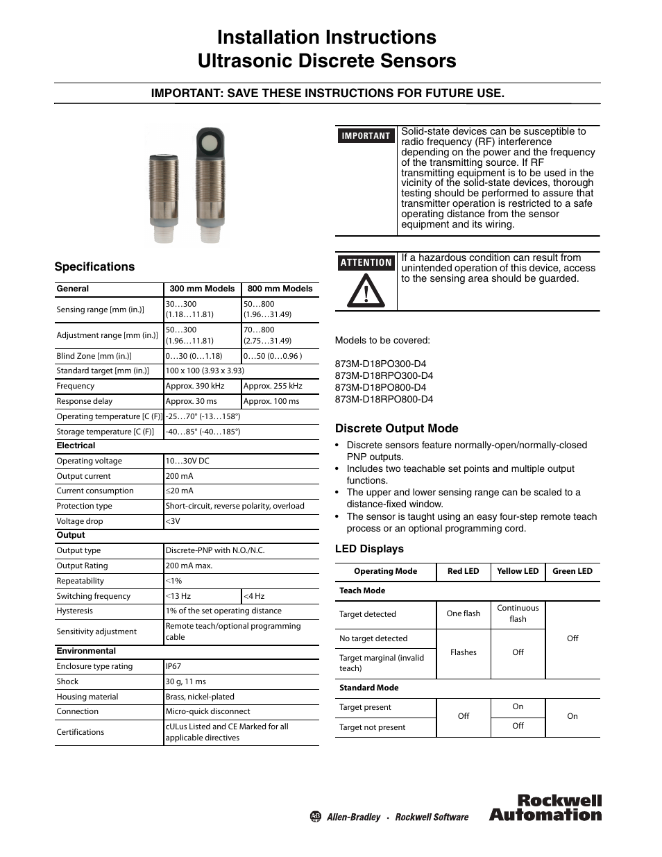 Rockwell Automation 873M Ultrasonic Discrete Sensors Installation Instructions User Manual | 2 pages