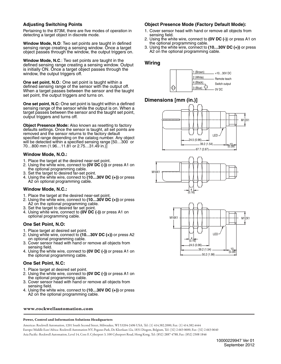 Wiring dimensions [mm (in.) | Rockwell Automation 873M Ultrasonic Discrete Sensors Installation Instructions User Manual | Page 2 / 2