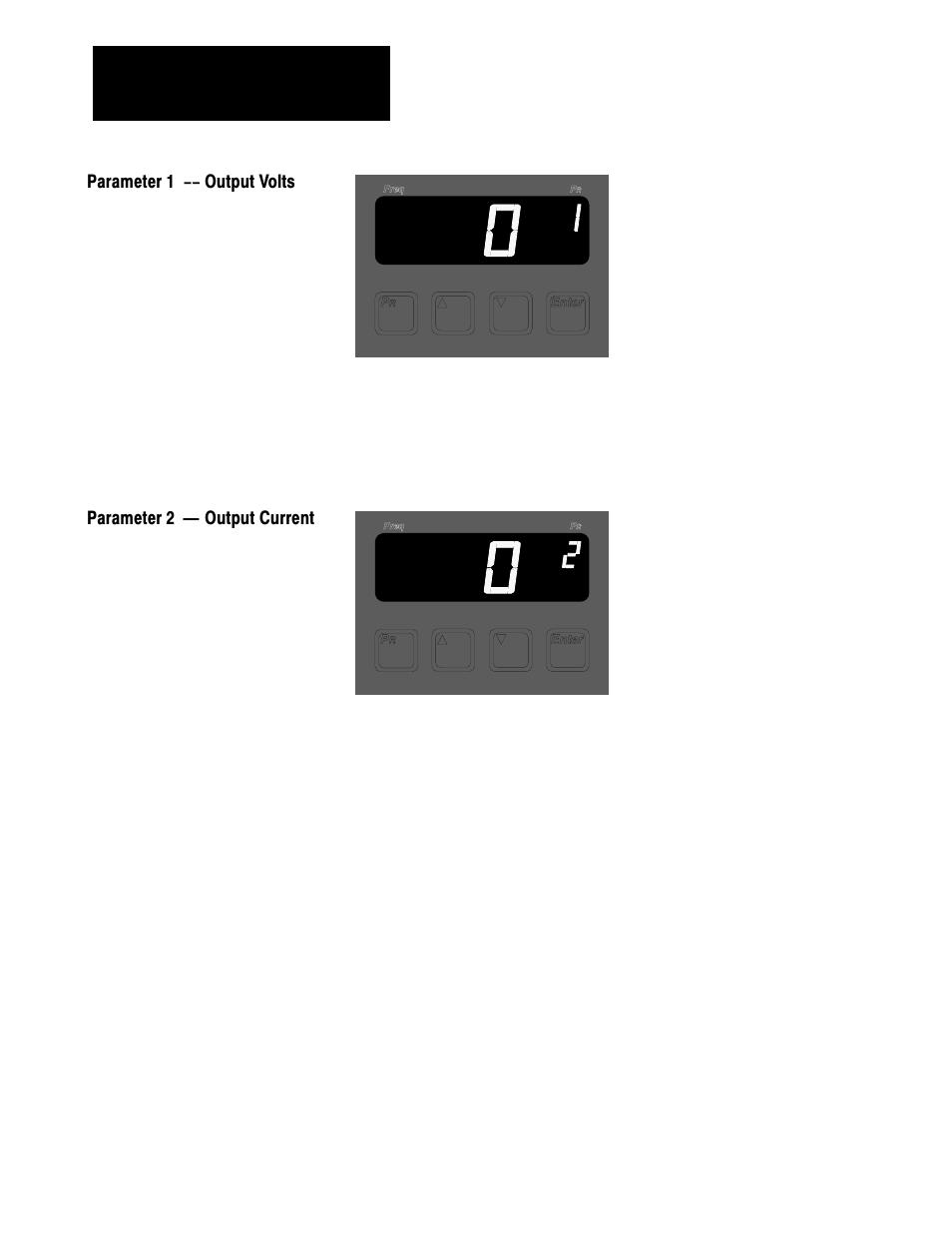 Parameter 1 -- output volts, Parameter 2 ċ output current | Rockwell Automation 1336VT AC DRIVE 5-300AMP (2-160KW) PROGRAMMING MANUAL User Manual | Page 16 / 87