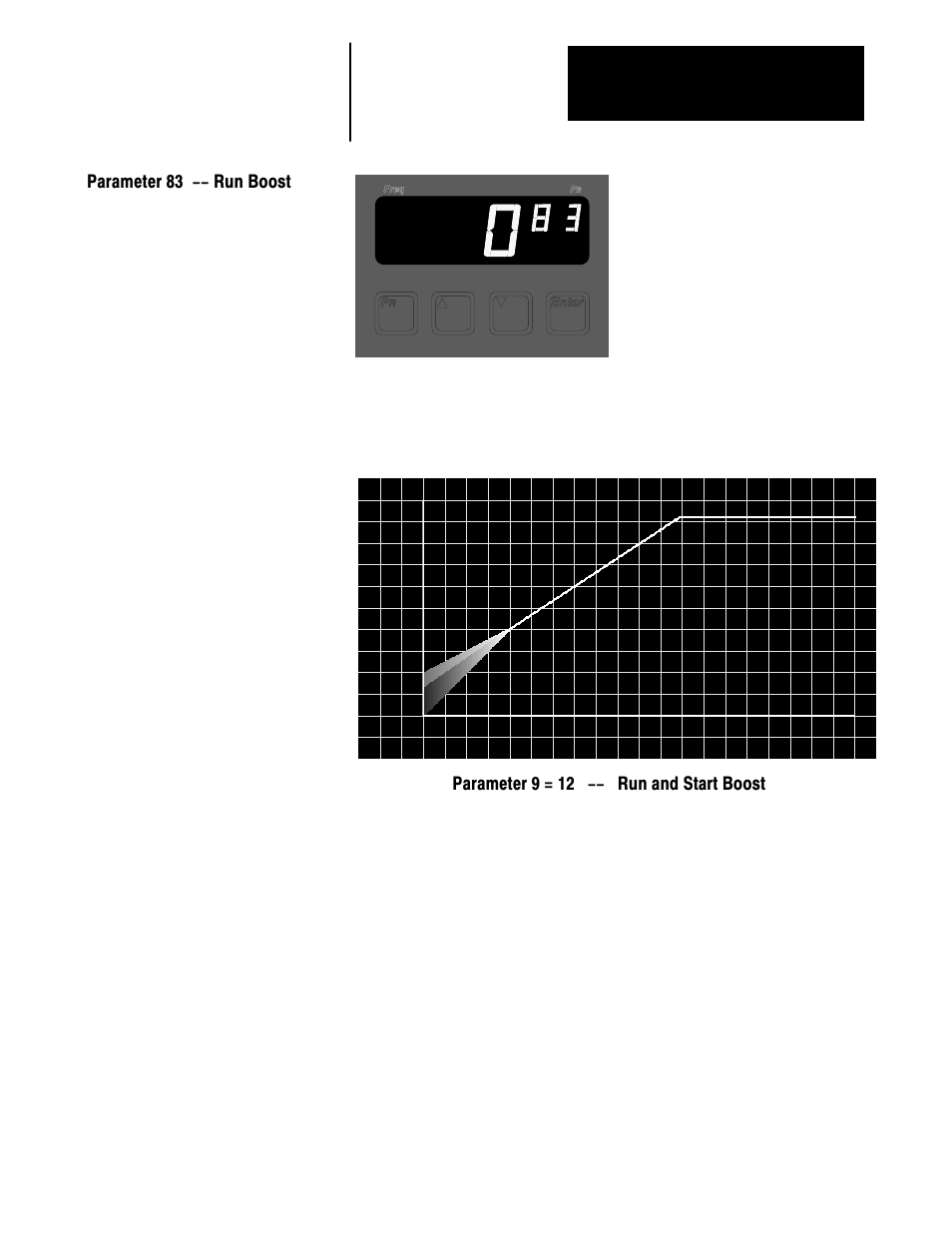 Parameter 83 -- run boost, Parameter 9 = 12 -- run and start boost | Rockwell Automation 1336VT AC DRIVE 5-300AMP (2-160KW) PROGRAMMING MANUAL User Manual | Page 70 / 87