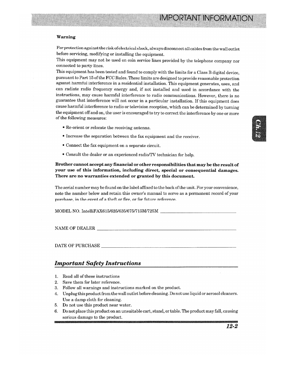 Important safety instructions | Brother Fax-615 User Manual | Page 101 / 108