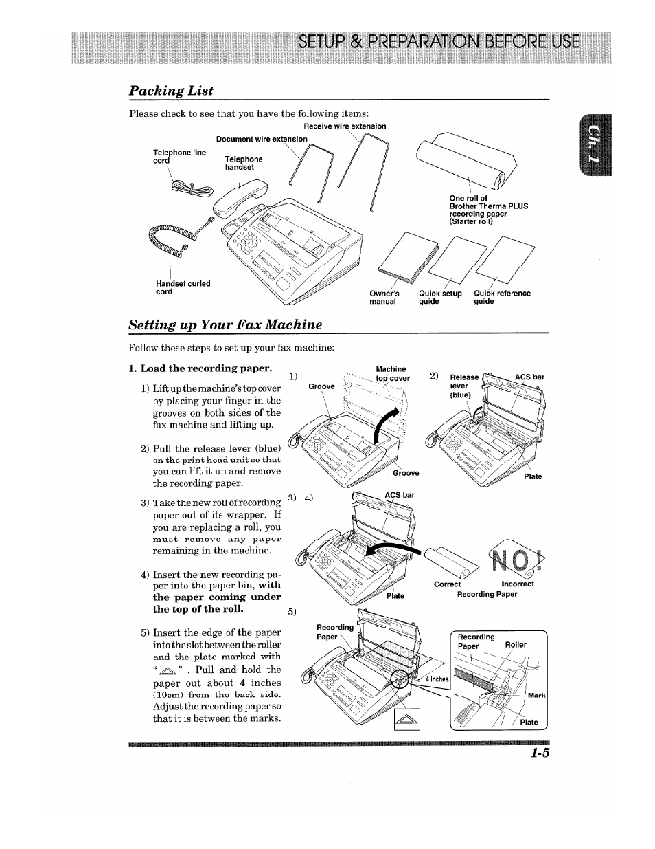 Packing list, Setting up your fax machine | Brother Fax-615 User Manual | Page 13 / 108