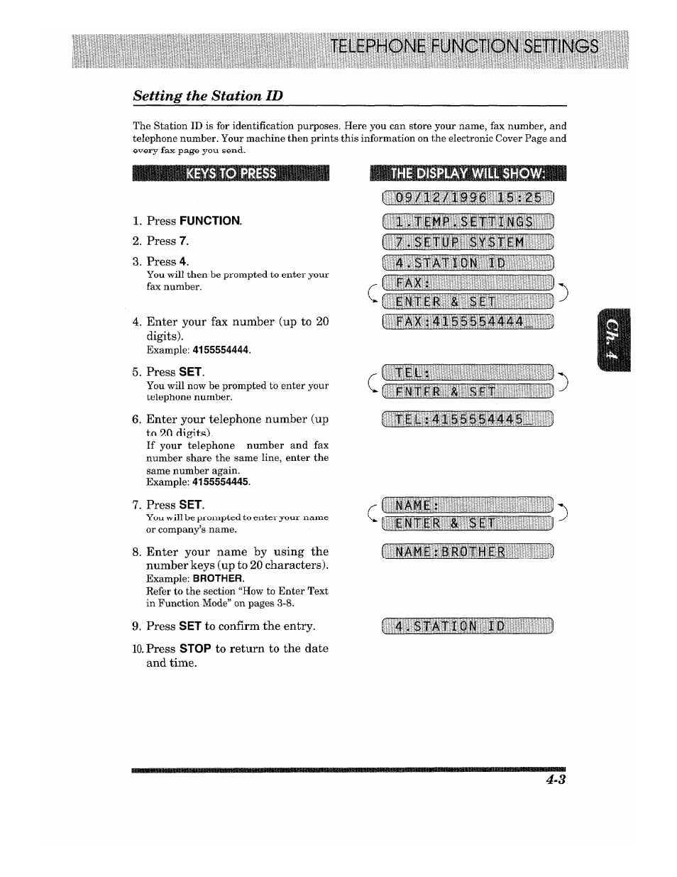 Setting the station id, Press function | Brother Fax-615 User Manual | Page 33 / 108