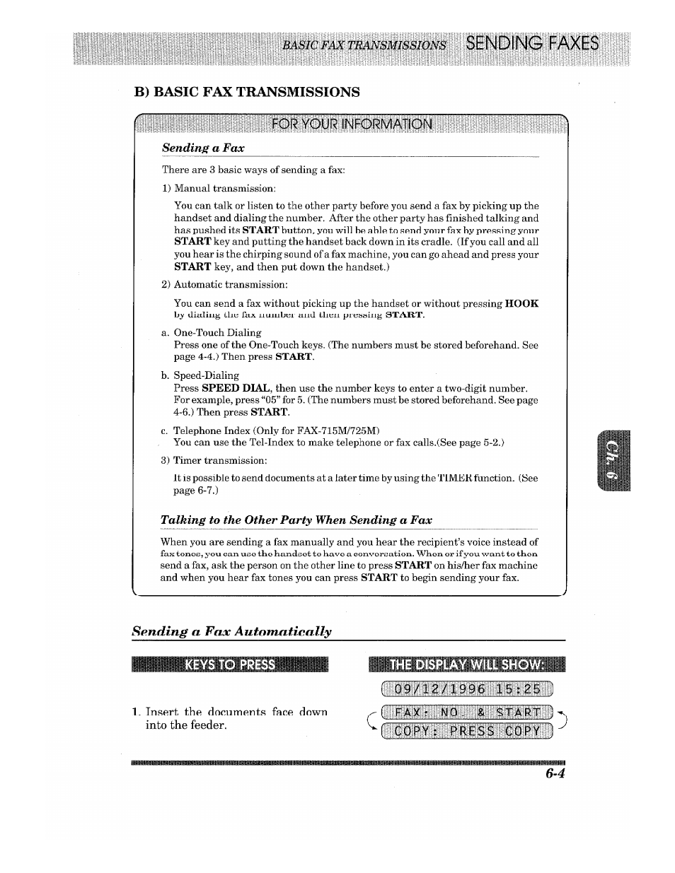 B) basic fax transmissions, Sending a fax automatically | Brother Fax-615 User Manual | Page 45 / 108