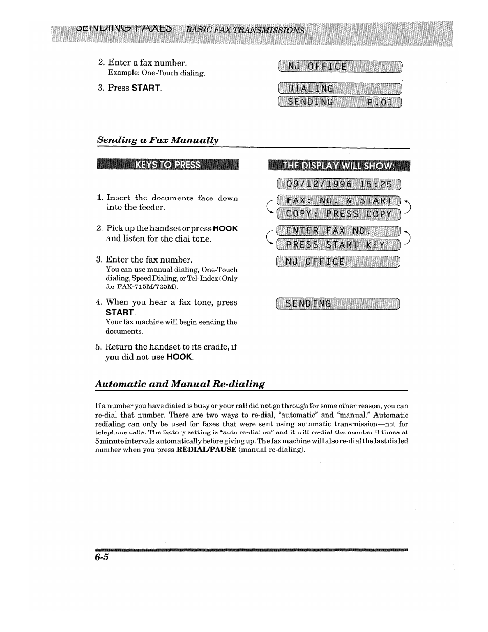 I sending, Sending a fax manually, Start | Ililglllliilliittibil, Enter fax, Automatic and manual re-dialing | Brother Fax-615 User Manual | Page 46 / 108