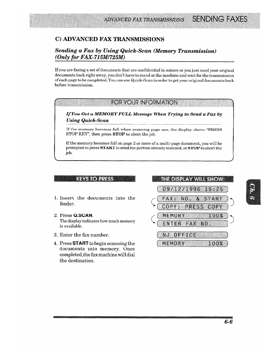 C) advanced fax transmissions, Only for fax-71smi725m), L' memory | F enter, Only for fax-715m/725m) -17 | Brother Fax-615 User Manual | Page 47 / 108