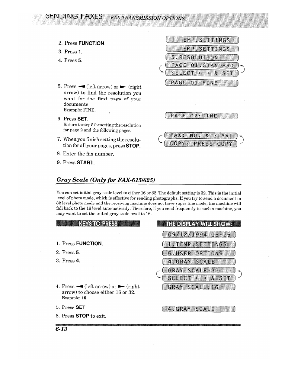 Gray scale (only for fax-6151625), Keys to press, Islitiiiiiaagliibmiii | Fisjgiiiigiielgiiiiiijii, Ilwiliitiwltmmbiwi | Brother Fax-615 User Manual | Page 54 / 108