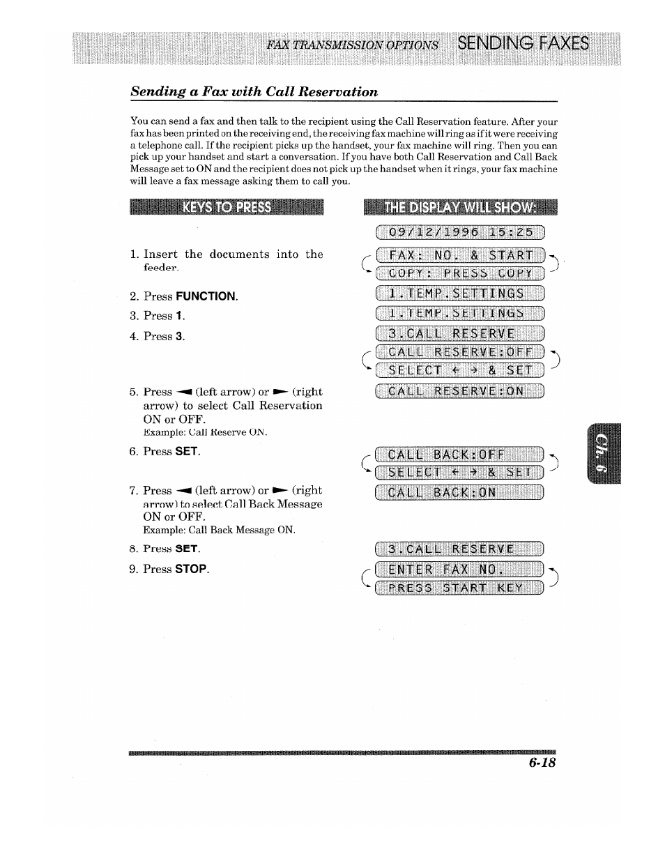 Sending a fax with call reservation, Press function, V:;cjá:kp¡;:glíí¡iíiíslííb | Brother Fax-615 User Manual | Page 59 / 108