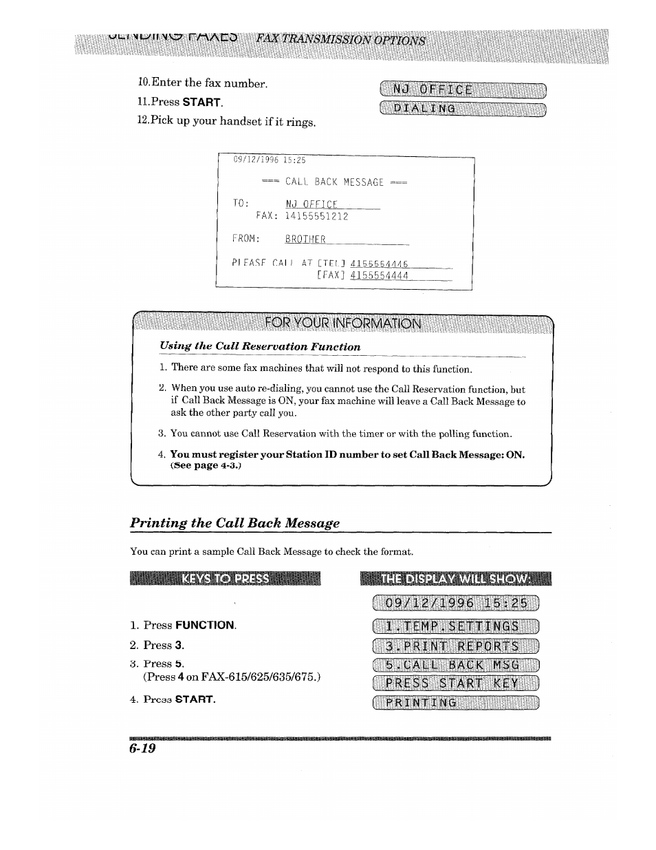 Printing the call back message, Press function | Brother Fax-615 User Manual | Page 60 / 108