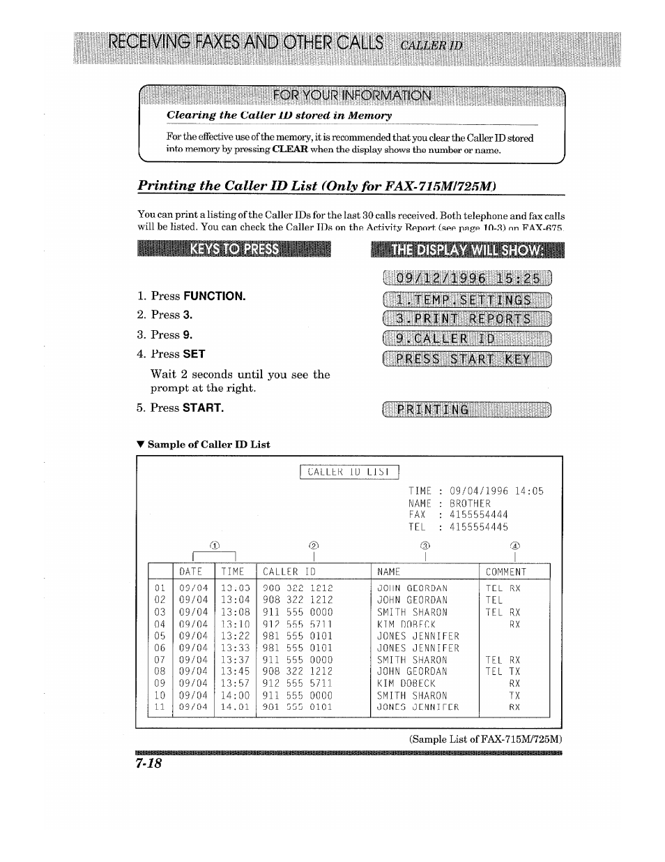 Keys to pre, Press function, Press 3 | Press 9, Press set, Press start, He display will sho, Isisiffiiiiaiiriijiiiiil, Ijlilmmmilbjtiaiiiii, Iiiiiliismiimi | Brother Fax-615 User Manual | Page 80 / 108