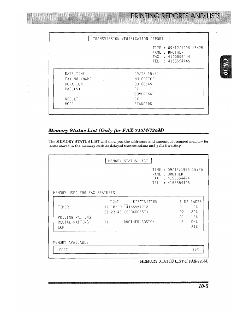 Memory status list (only for fax-715mi725m) | Brother Fax-615 User Manual | Page 93 / 108