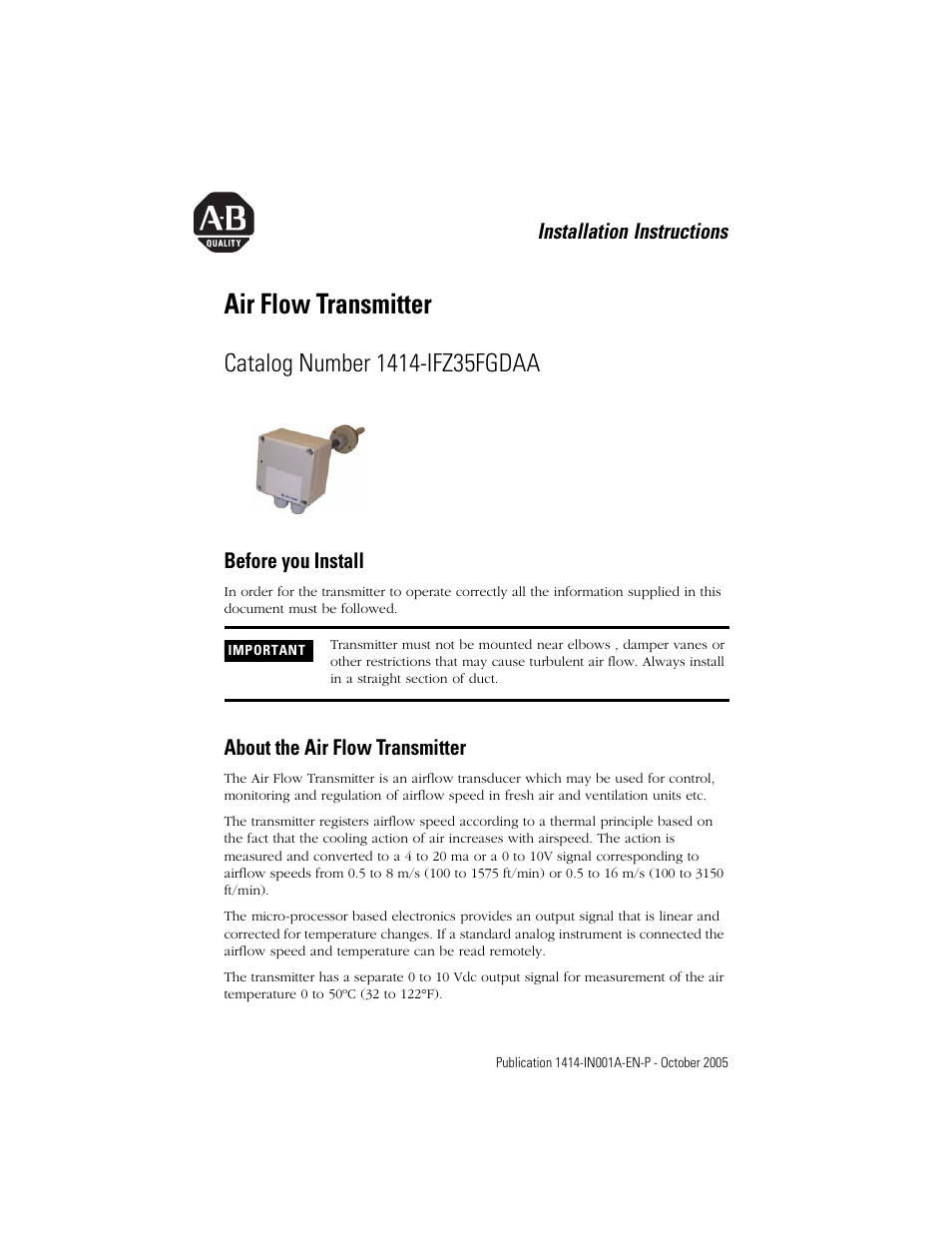 Rockwell Automation 1414-IFZ35FGDAA Air Flow Transmitter User Manual | 4 pages
