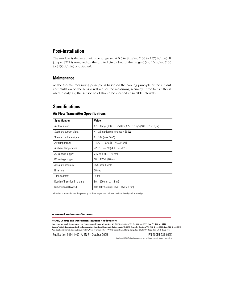 Post-installation, Maintenance, Specifications | Back cover | Rockwell Automation 1414-IFZ35FGDAA Air Flow Transmitter User Manual | Page 4 / 4