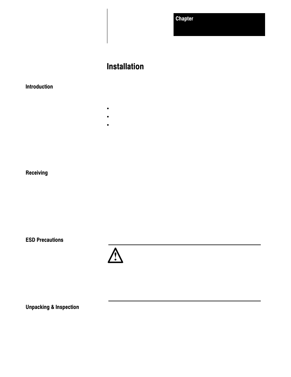 4 - installation, Introduction, Receiving | Esd precautions, Unpacking & inspection, Installation | Rockwell Automation 1395 Digital Reference Adapter Board User Manual | Page 15 / 86