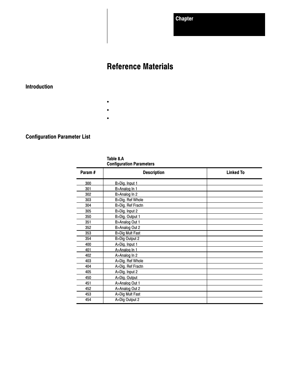 8 - reference materials, Introduction, Configuration parameter list | Reference materials | Rockwell Automation 1395 Digital Reference Adapter Board User Manual | Page 77 / 86