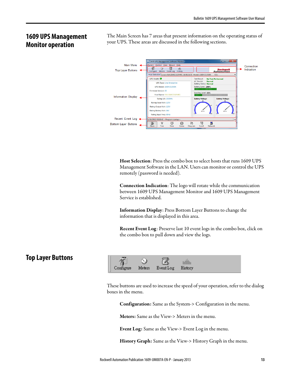 1609 ups management monitor operation, Top layer buttons | Rockwell Automation 1609 UPS Management Software User Manual User Manual | Page 15 / 44