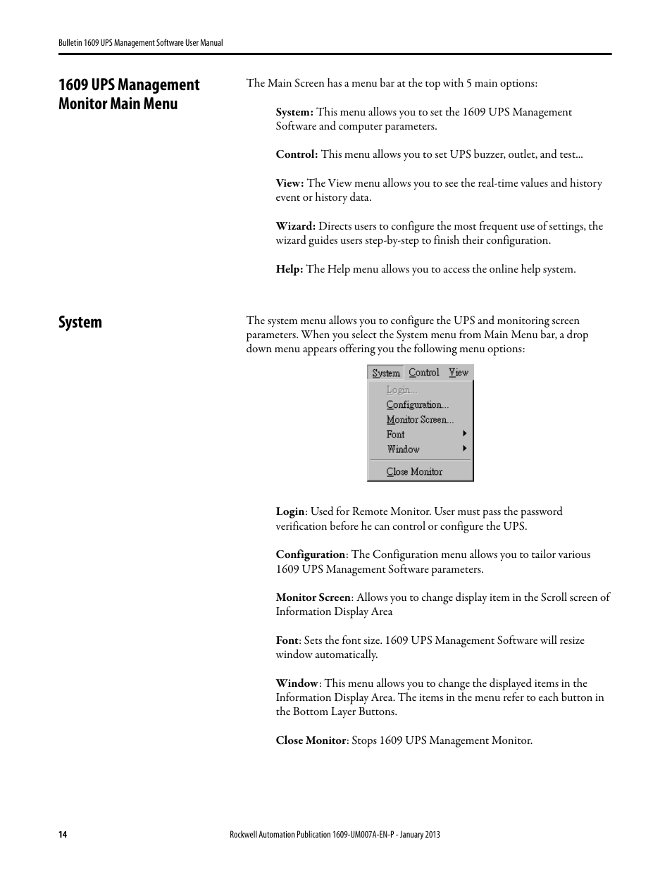 1609 ups management monitor main menu, System | Rockwell Automation 1609 UPS Management Software User Manual User Manual | Page 16 / 44