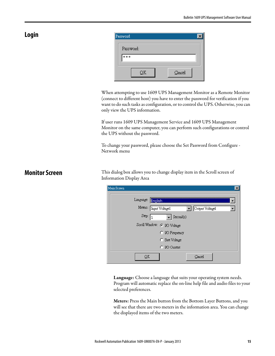 Login, Monitor screen, Login monitor screen | Rockwell Automation 1609 UPS Management Software User Manual User Manual | Page 17 / 44