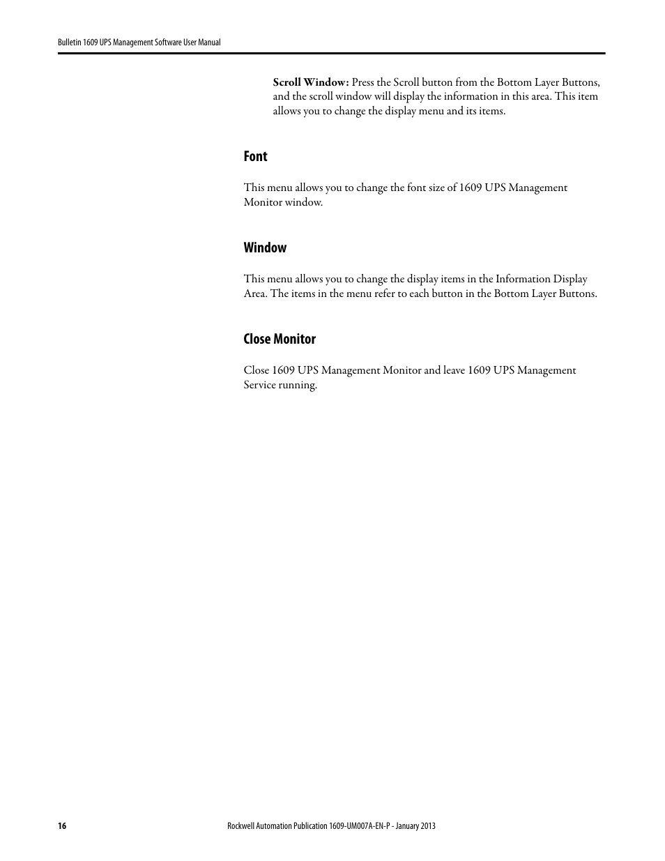 Font, Window, Close monitor | Font window close monitor | Rockwell Automation 1609 UPS Management Software User Manual User Manual | Page 18 / 44