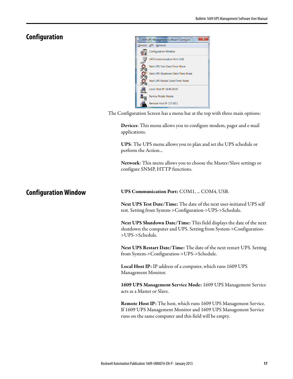 Configuration, Configuration window | Rockwell Automation 1609 UPS Management Software User Manual User Manual | Page 19 / 44