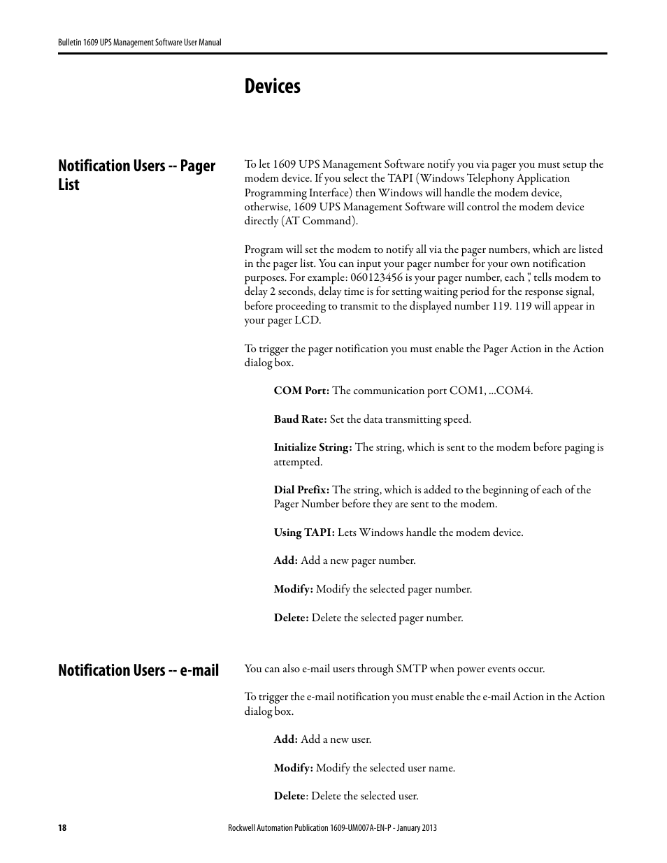 Devices, Notification users -- e-mail, Notification users -- pager list | Rockwell Automation 1609 UPS Management Software User Manual User Manual | Page 20 / 44