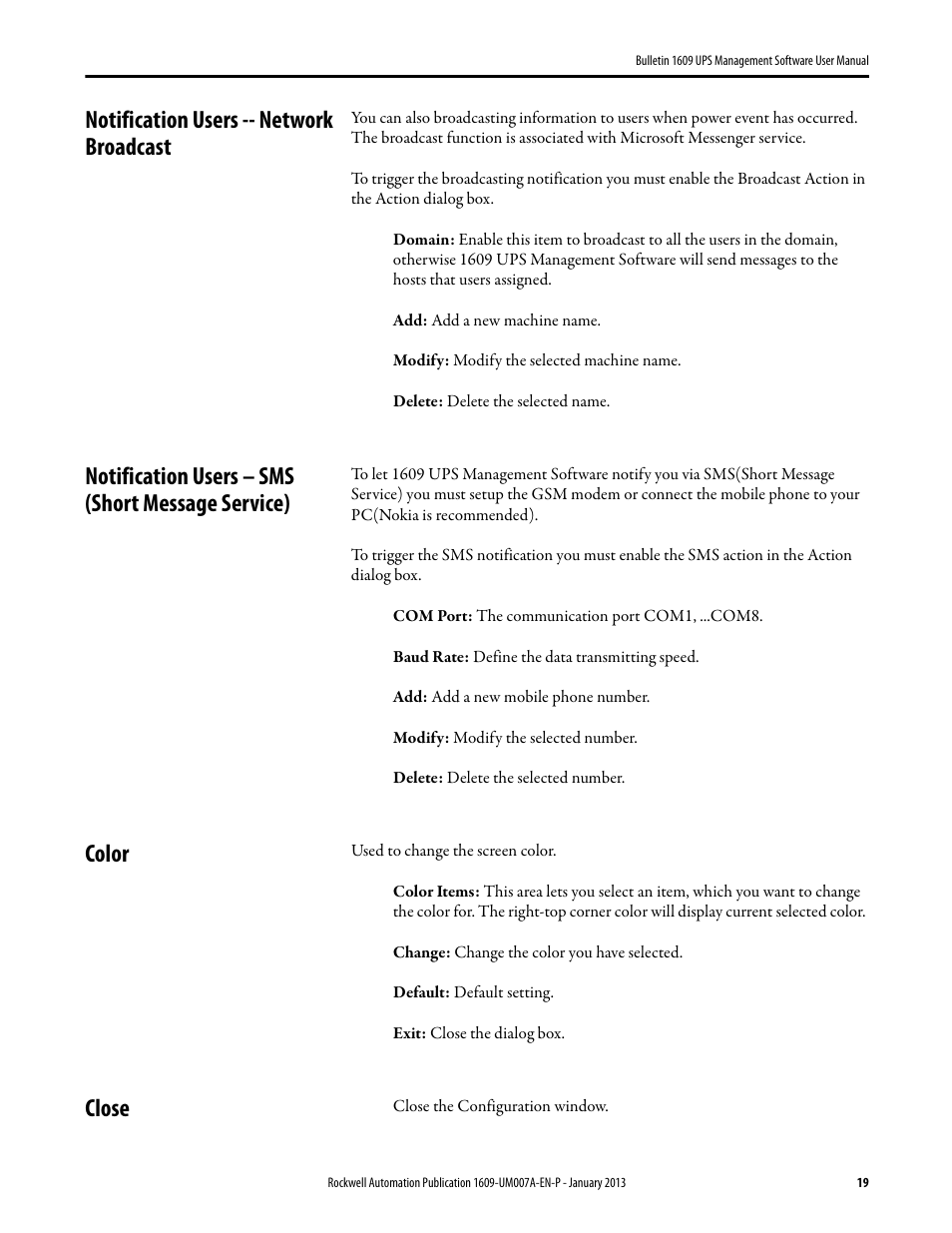 Notification users -- network broadcast, Notification users – sms (short message service), Color | Close | Rockwell Automation 1609 UPS Management Software User Manual User Manual | Page 21 / 44