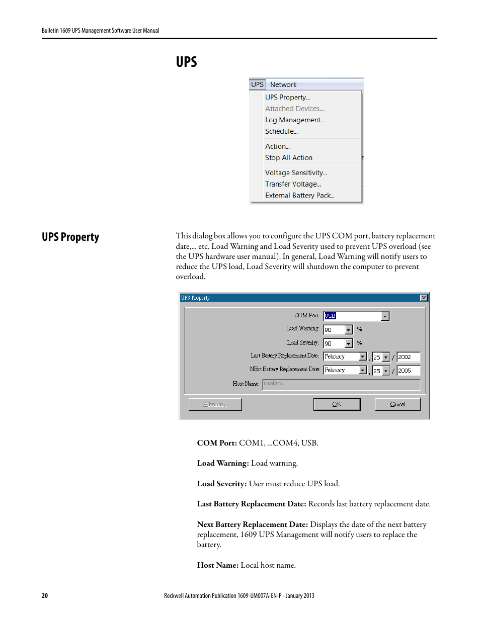 Ups property | Rockwell Automation 1609 UPS Management Software User Manual User Manual | Page 22 / 44