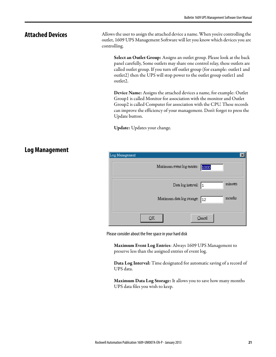 Attached devices, Log management, Attached devices log management | Rockwell Automation 1609 UPS Management Software User Manual User Manual | Page 23 / 44