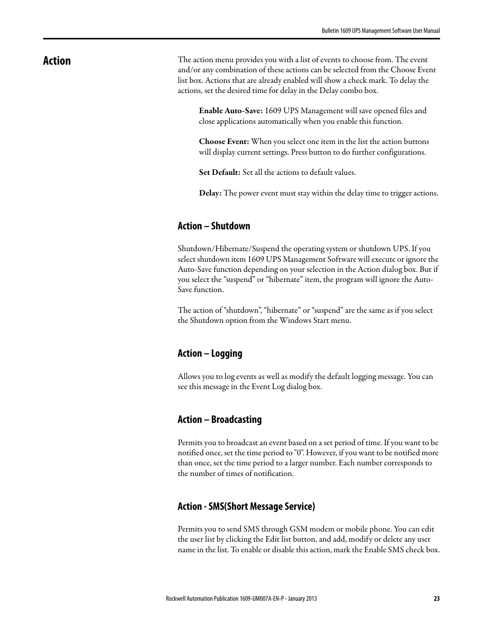 Action, Action – shutdown, Action – logging | Action – broadcasting, Action - sms(short message service) | Rockwell Automation 1609 UPS Management Software User Manual User Manual | Page 25 / 44