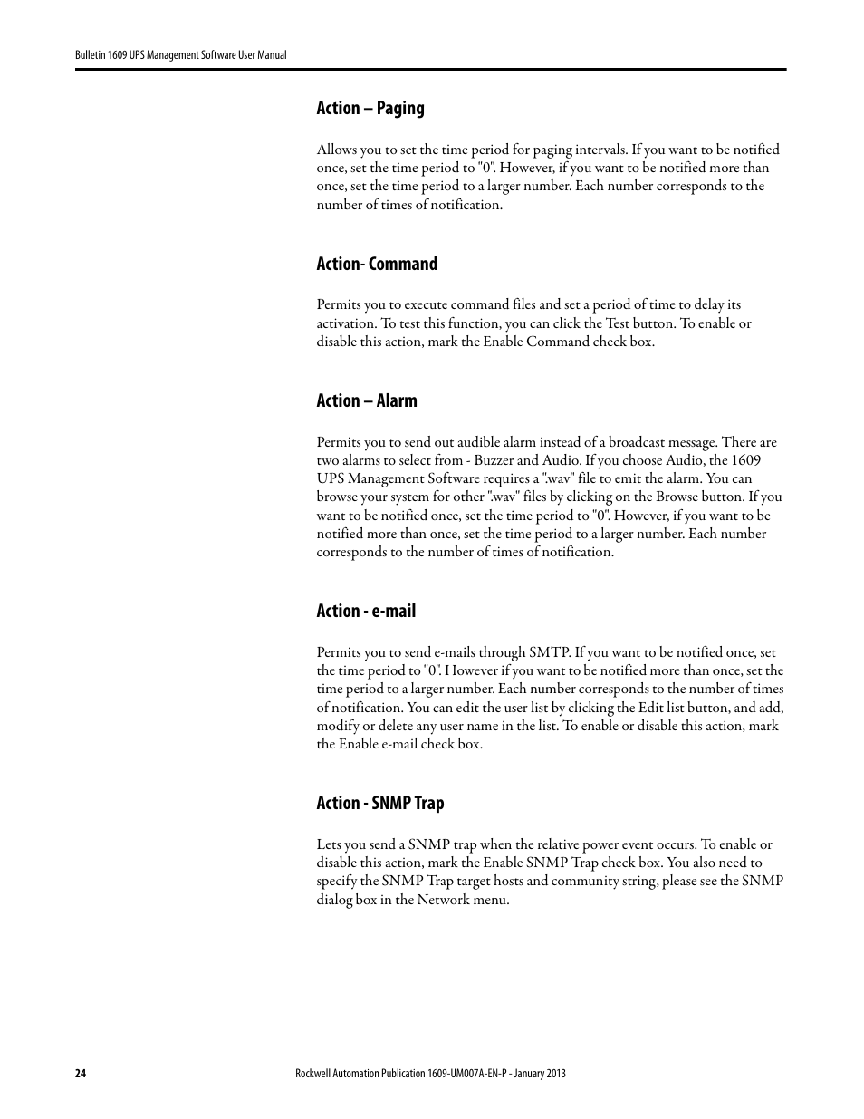 Action – paging, Action- command, Action – alarm | Action - e-mail, Action - snmp trap | Rockwell Automation 1609 UPS Management Software User Manual User Manual | Page 26 / 44