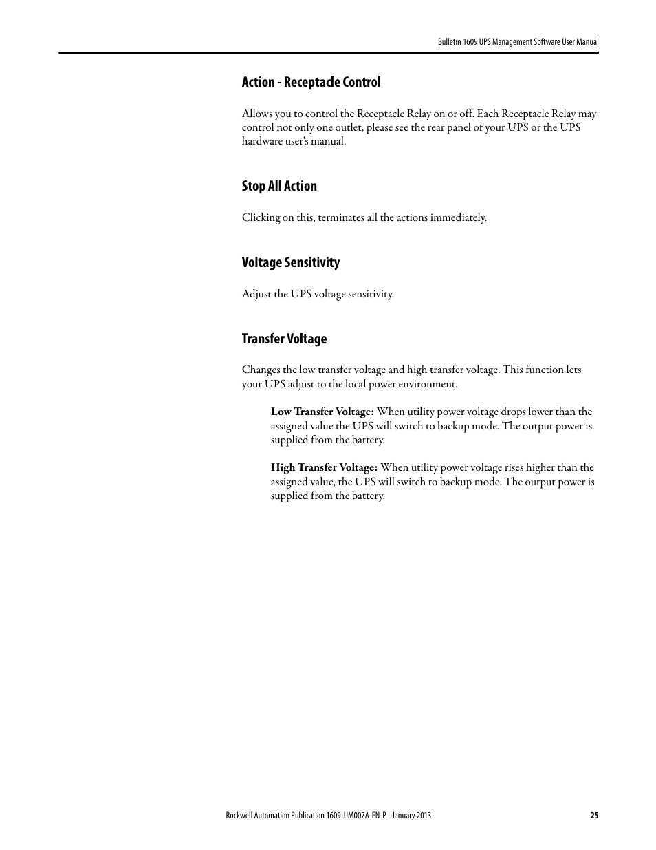 Action - receptacle control, Stop all action, Voltage sensitivity | Transfer voltage | Rockwell Automation 1609 UPS Management Software User Manual User Manual | Page 27 / 44