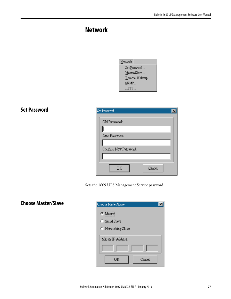 Network, Set password, Choose master/slave | Set password choose master/slave | Rockwell Automation 1609 UPS Management Software User Manual User Manual | Page 29 / 44