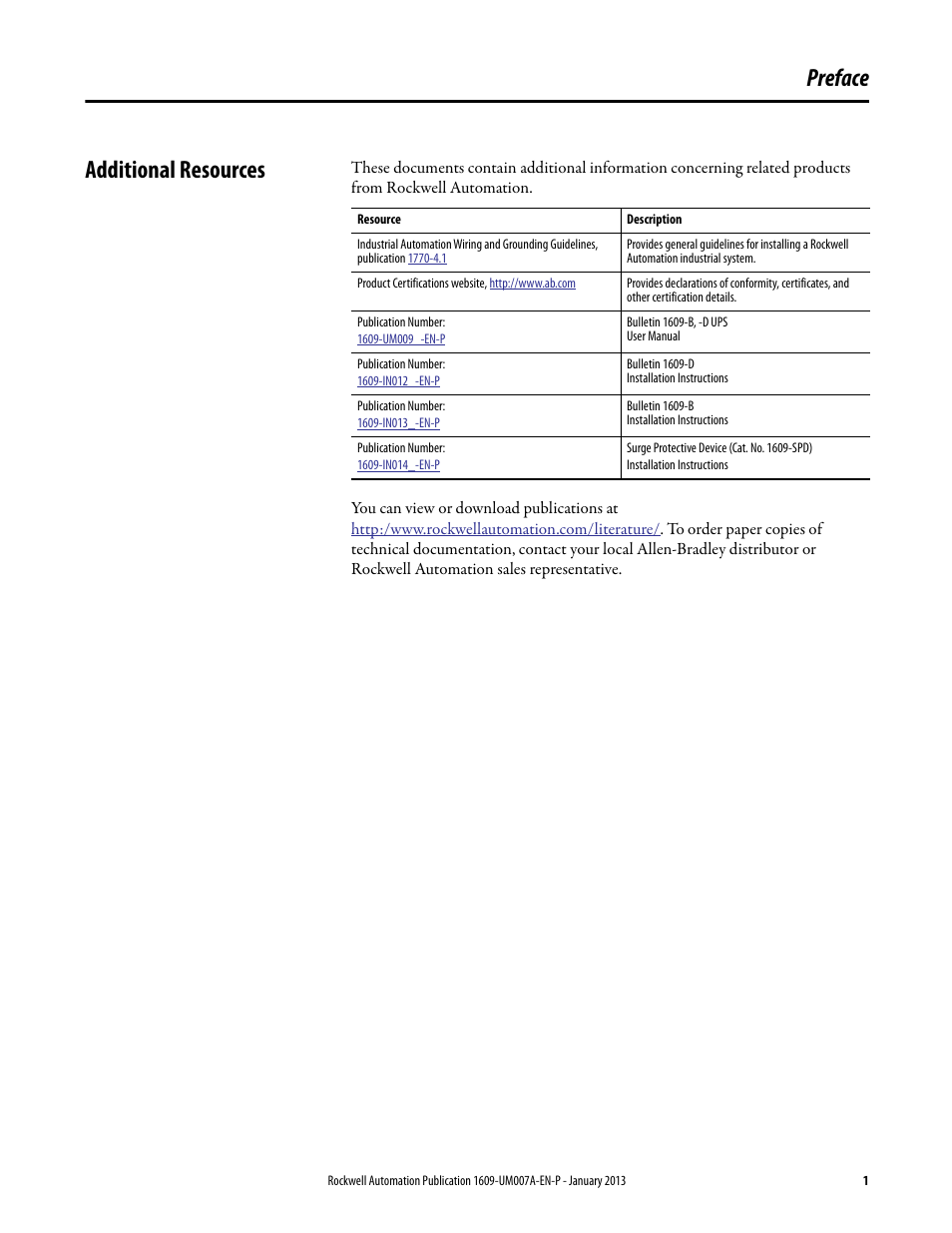 Preface, Additional resources, Preface additional resources | Rockwell Automation 1609 UPS Management Software User Manual User Manual | Page 3 / 44