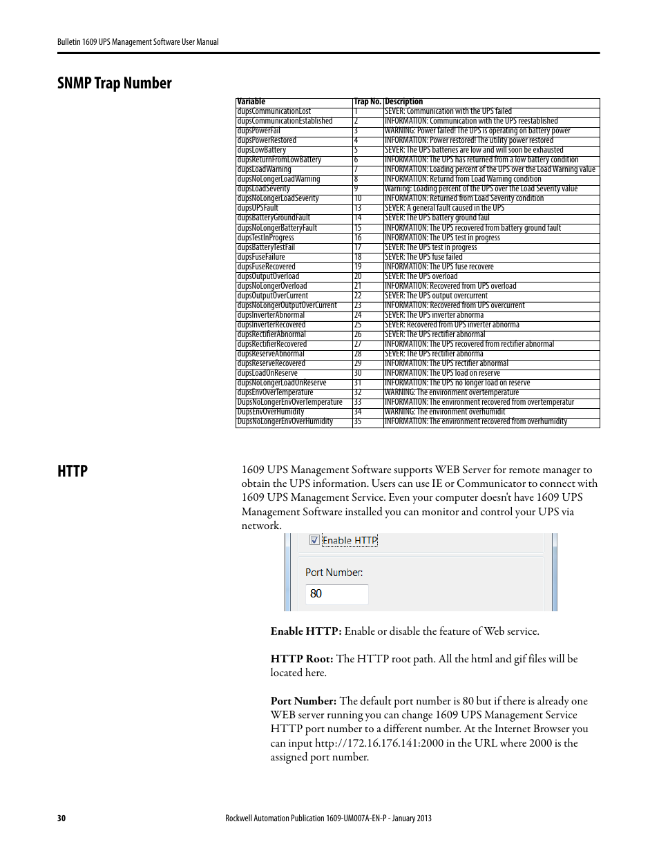 Snmp trap number, Http, Snmp trap number http | Rockwell Automation 1609 UPS Management Software User Manual User Manual | Page 32 / 44