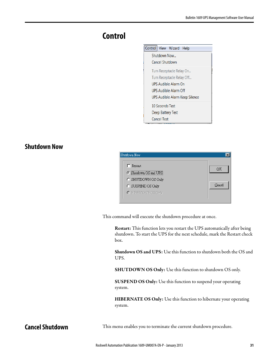 Control, Shutdown now, Cancel shutdown | Shutdown now cancel shutdown | Rockwell Automation 1609 UPS Management Software User Manual User Manual | Page 33 / 44