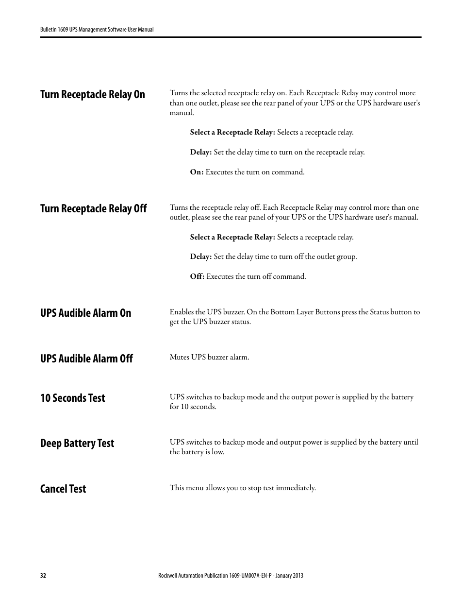 Turn receptacle relay on, Turn receptacle relay off, Ups audible alarm on | Ups audible alarm off, 10 seconds test, Deep battery test, Cancel test | Rockwell Automation 1609 UPS Management Software User Manual User Manual | Page 34 / 44