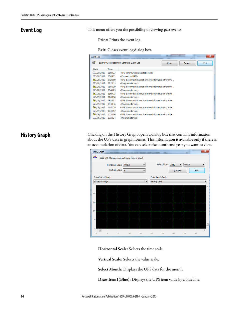 Event log, History graph, Event log history graph | Rockwell Automation 1609 UPS Management Software User Manual User Manual | Page 36 / 44