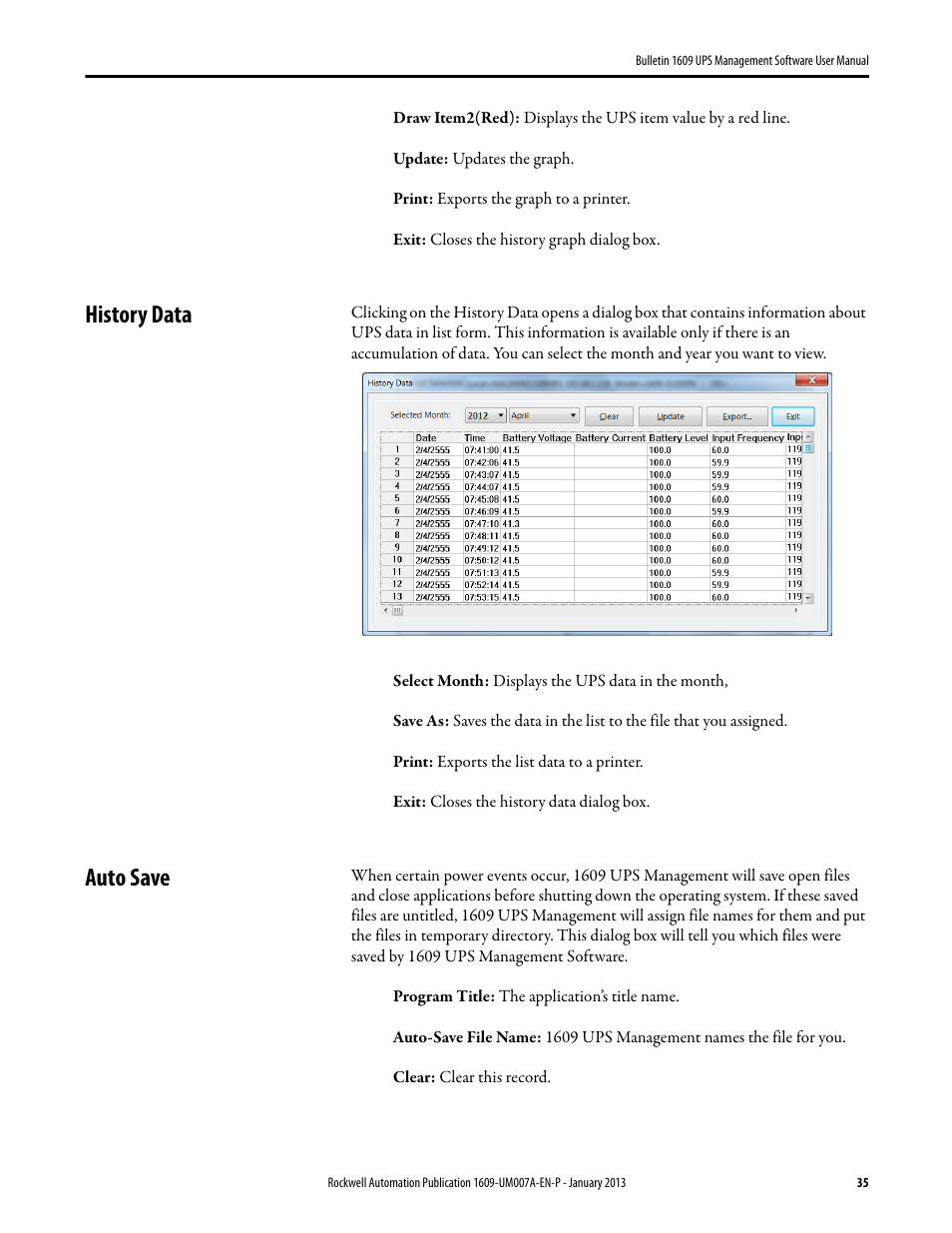 History data, Auto save, History data auto save | Rockwell Automation 1609 UPS Management Software User Manual User Manual | Page 37 / 44